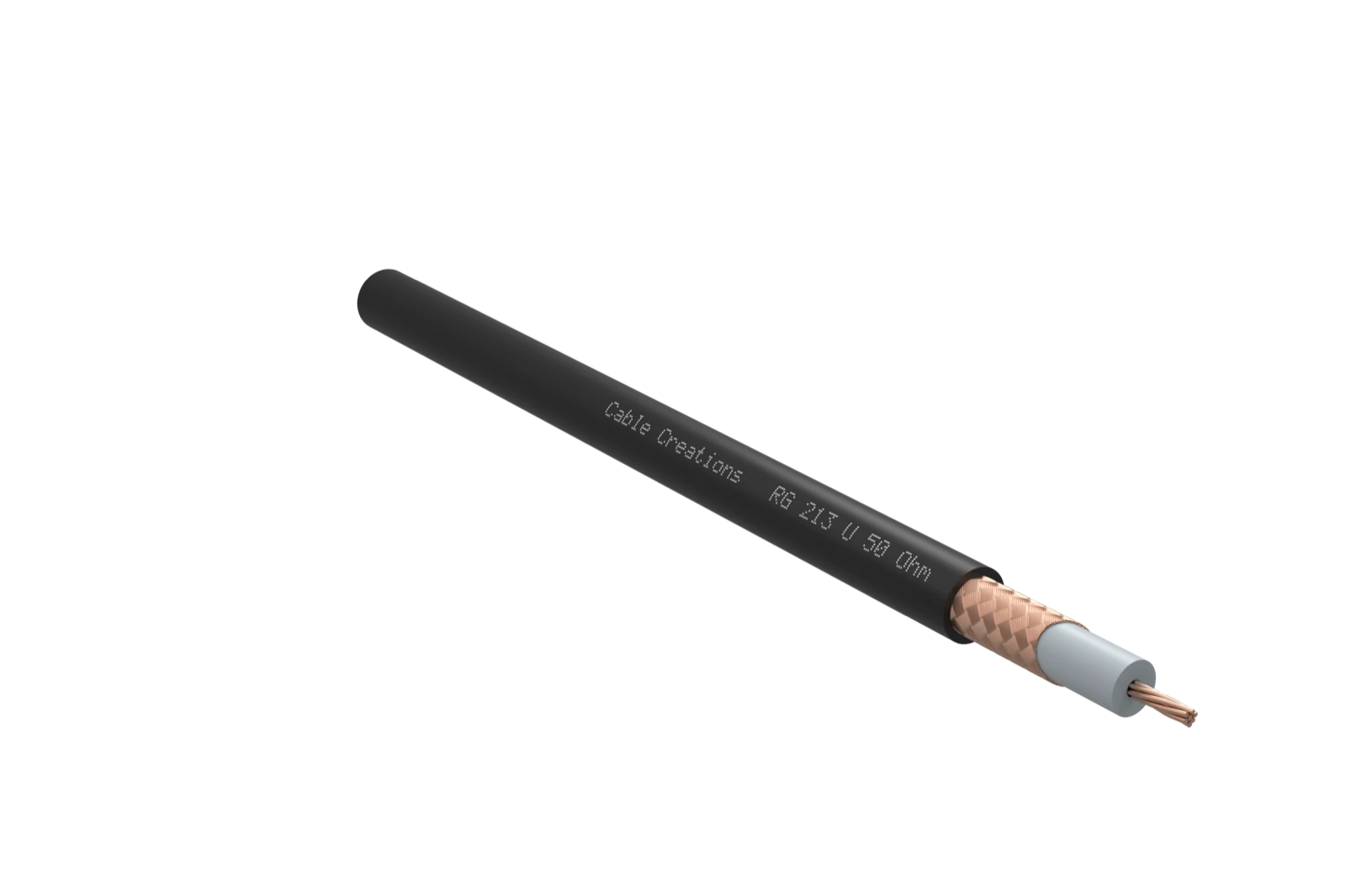 3D-Rendering eines Kabels vom Typ RG 213/U, am Ende abgesetzt, sodass jede Schicht zu sehen ist