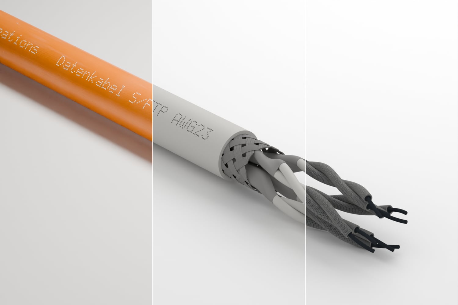 Ein Datenkabel S/FTP in drei Streifen: zuerst fertig gerendert mit orangem Mantel und Aufdruck „Cable Creations“, dann grau als Clay-Modell, zuletzt als Gitternetz.