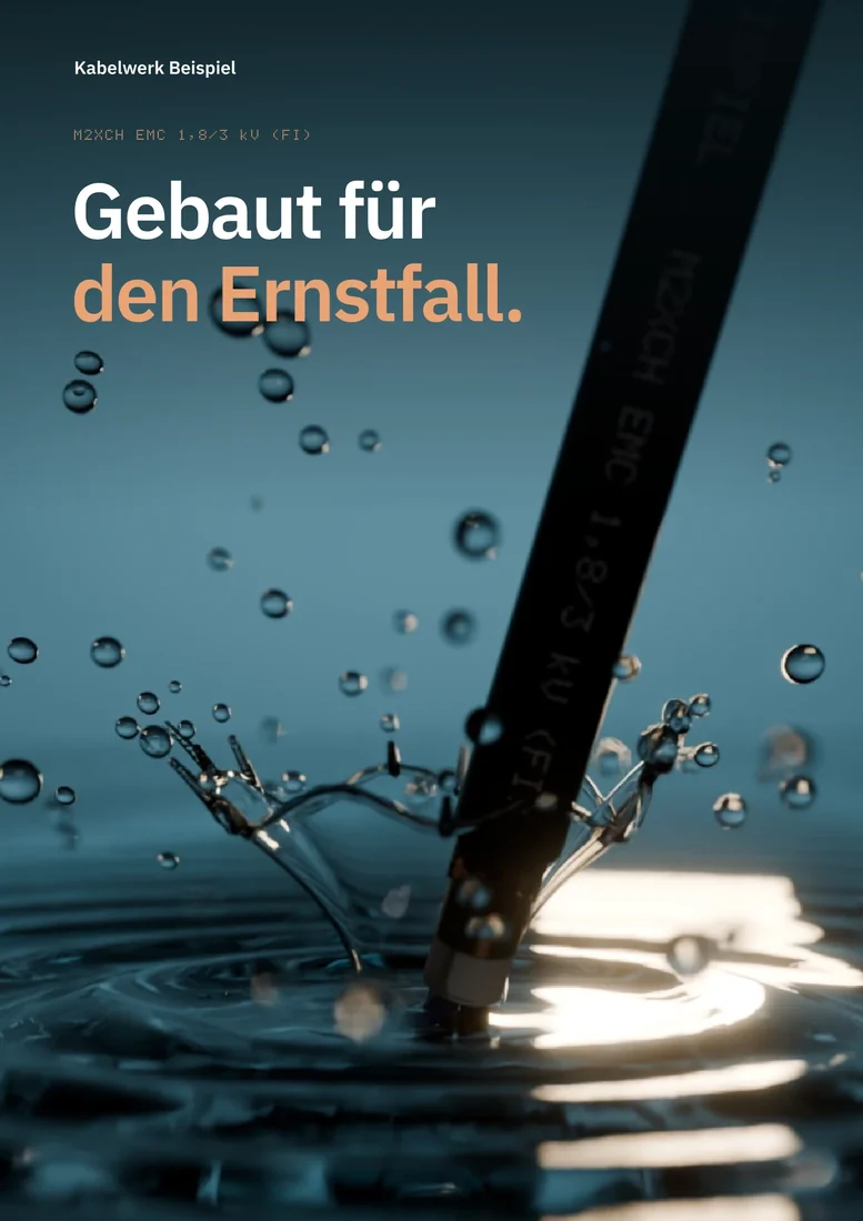 Titel der Beispielbroschüre: das Kabel stößt mit dem abgesetzten Ende ins Wasser, Wasserkrone und Tropfen eingefroren.