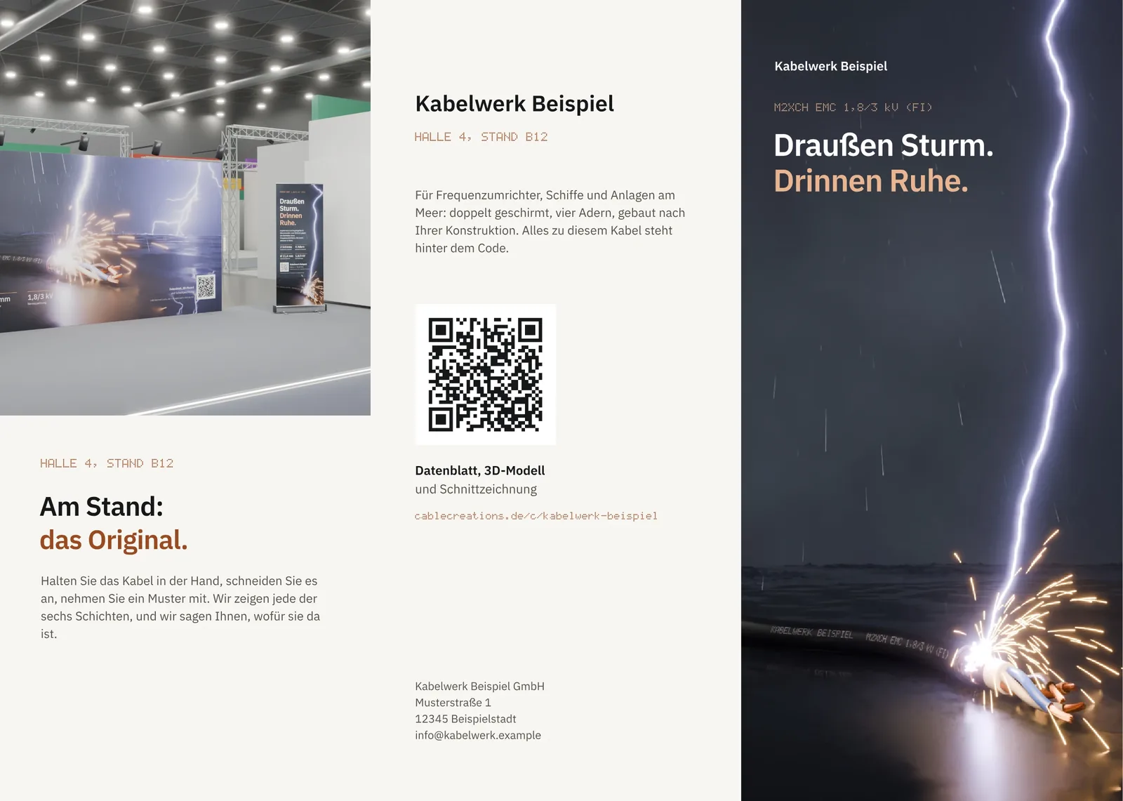 Falzflyer außen: der Blitzeinschlag als Titel, daneben Kontakt mit QR-Code und der Messestand im Bild.