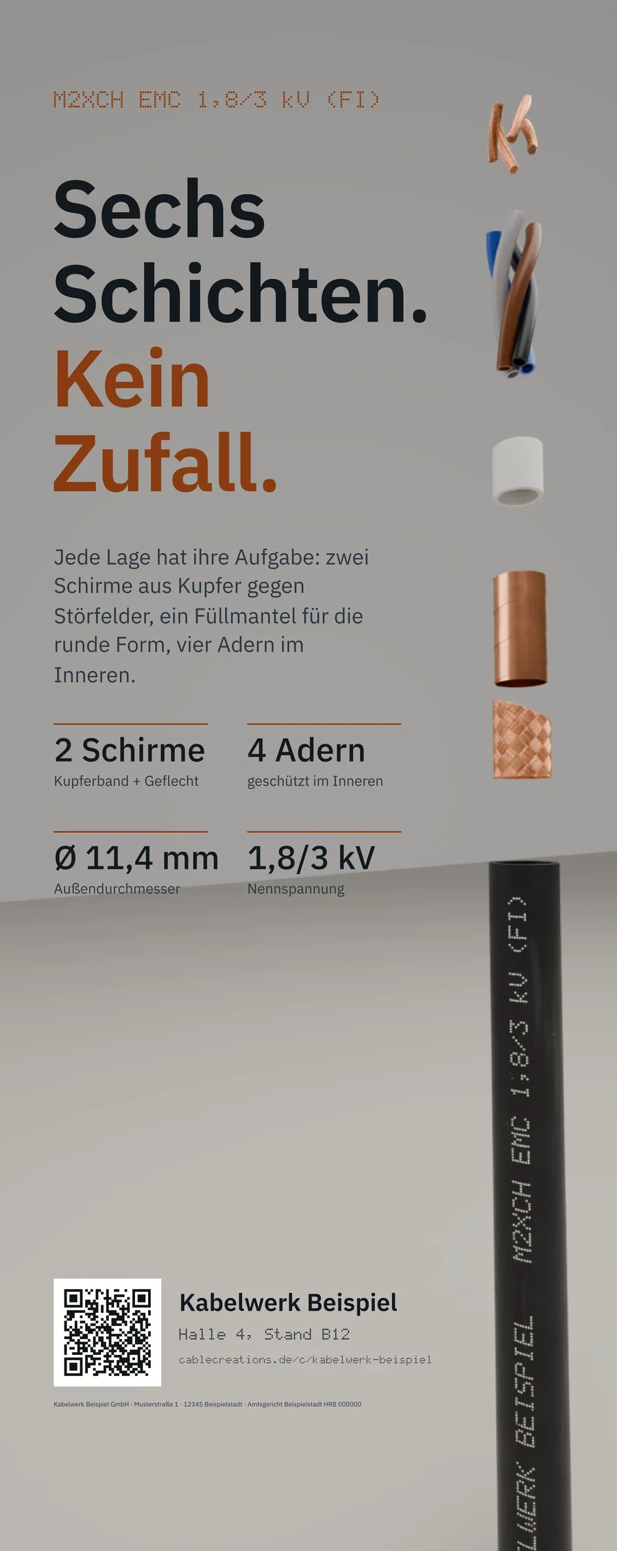 Roll-up mit den Schichten: das Kabel steht aufrecht, seine Lagen schweben übereinander bis zu den Leitern.