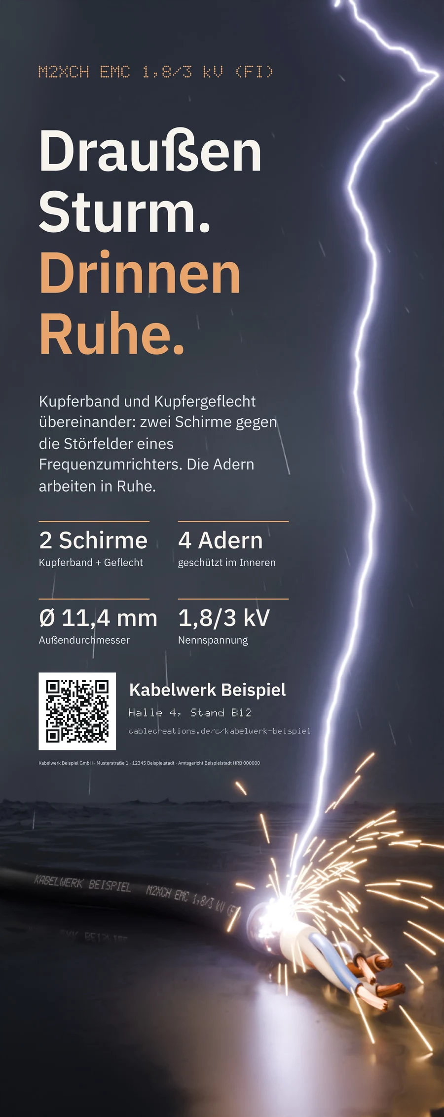 Roll-up im Sturm: ein Blitz fällt von oben auf das Kabel auf nassem Deck, Funken sprühen.