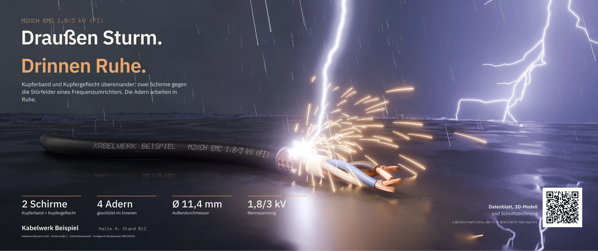 Messewand mit einem Schiffskabel auf nassem Deck im Gewitter; ein Blitz schlägt in das Kupfergeflecht ein, Funken sprühen.