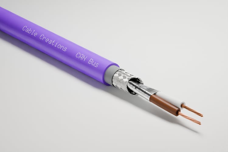3D-Rendering: Dreiviertelansicht des abgesetzten Endes – CAN-Bus-Kabel mit violettem Mantel, Geflecht- und Folienschirm und einem Aderpaar in Weiß und Braun, im Fotostudio auf hellem Grund, Aufdruck „Cable Creations“